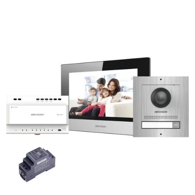 Kit vídeo porteiro família 1, fio 2, microfone 2MP,, entrada de alarme, LCD 7 polegada - Hikvision DS-KIS702/S