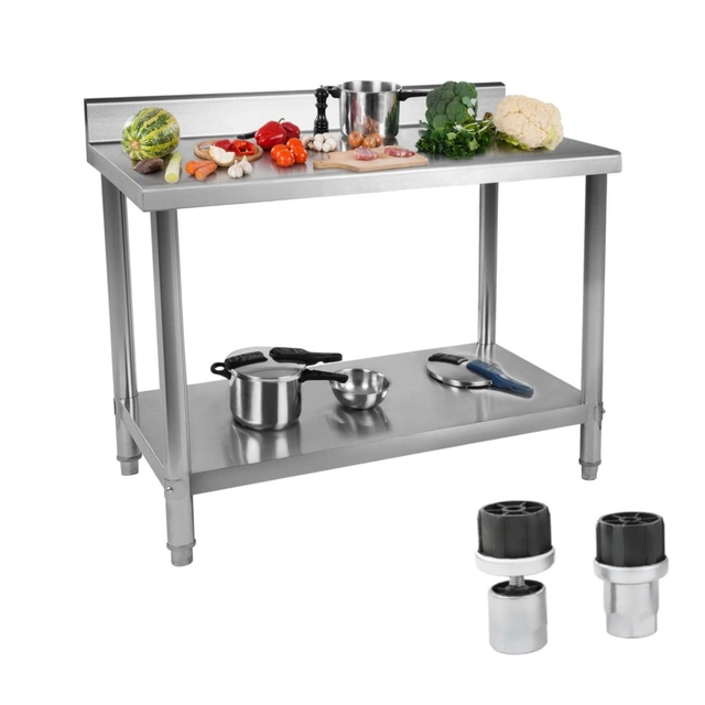 Kitchen table, stainless steel worktop with edge and lower shelf 100x70cm