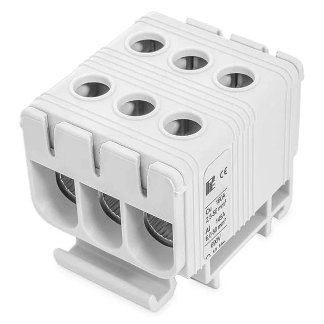 Клема за свързване 1 полюс сив Cu-Al 6x50mm²​​​​​​​ монтаж на DIN шина 35mm 145A (Al) 160A (Cu)