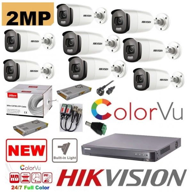 Комплект за наблюдение 8 професионални камери Hikvision 2mp Color Vu с IR 40m (нощен цвят), включени аксесоари