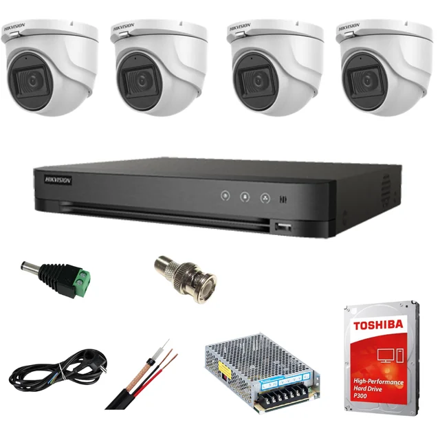 Komplet indendørs videoovervågningssystem Hikvision 4 Turbo HD-kameraer 5 MP 20 m IR-tilbehør inkluderet, HDD-gave 1tb