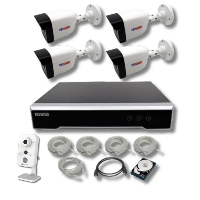 Komplet overvågningssystem 4 POE IP-kameraer 2MP FULL HD IR 30m, NVR 4 POE-kanaler, HDD 1TB WD Ready installeret, tilbehør, Plug and play+Ezviz cube-overvågningskamera %p5 /% 720P IR 10m 2.8mm WIFI