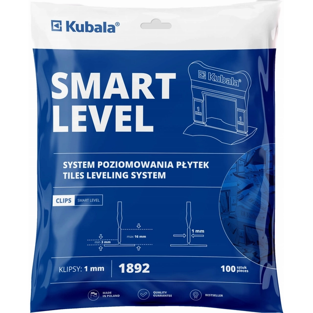 Kubala Smart Level laattojen tasoitusklipsit 1,0mm 100 kpl