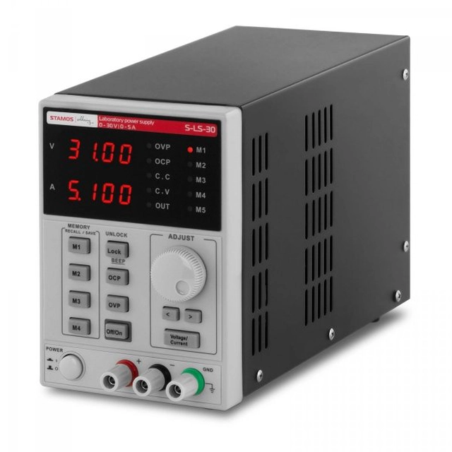 Laboratoriestrømforsyning - 0-30 V - 0-5 A DC - hukommelsesfunktion - 250 IN STAMOS 10021060 S-LS-30