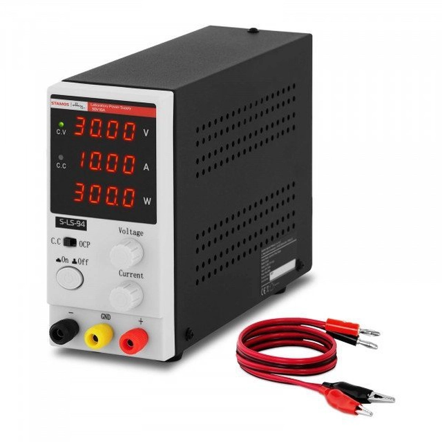 Laboratorieströmförsörjning - 0-30 V - 0-10 A DC - 300 W - 4-cyfrowy STAMOS LED-display 10021273 S-LS-94