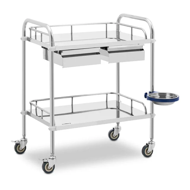 Laboratory trolley, 2 shelves 61 x 40 cm + 2 drawers, stainless steel