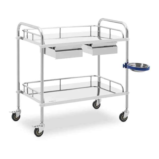 Laboratory trolley, 2 shelves 74 x 44 cm + 2 drawers, stainless steel