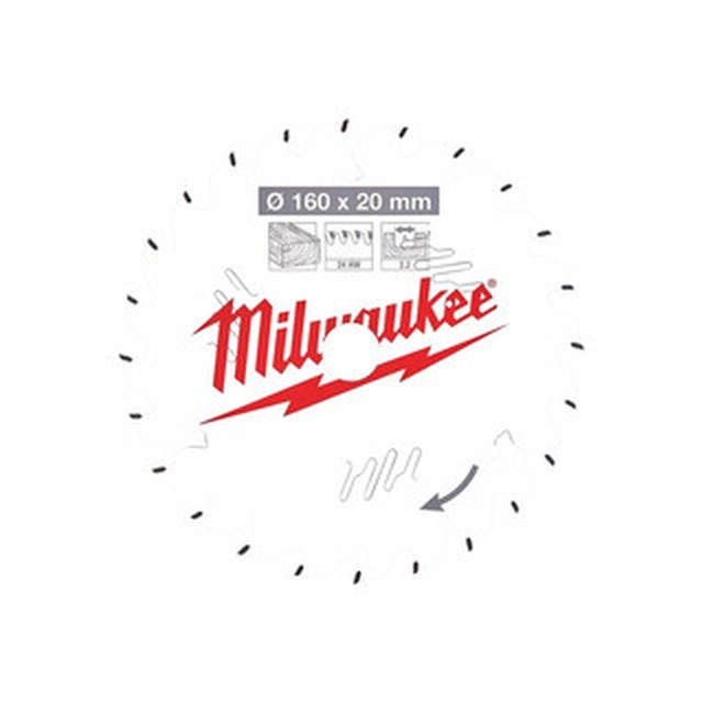 Lame de scie circulaire Milwaukee 160 x 20 mm | nombre de dents : 24 db | largeur de coupe : 2,2 mm