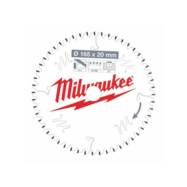 Lame de scie circulaire Milwaukee 165 x 20 mm | nombre de dents : 52 db | largeur de coupe : 2,2 mm