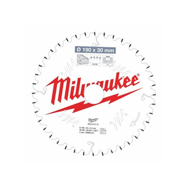 Lame de scie circulaire Milwaukee 190 x 30 mm | nombre de dents : 40 db | largeur de coupe : 2,4 mm