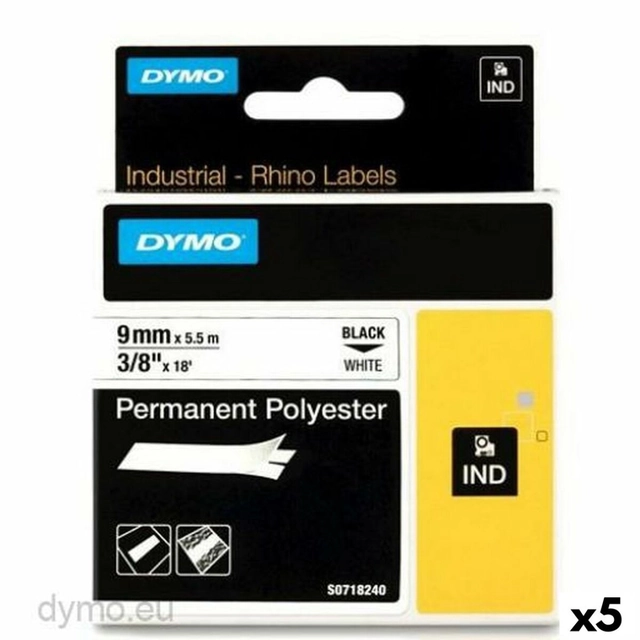 Laminerat band för Rhino Dymo etikettskrivare ID1-9 9 x 5,5 mm Svart polyester Vit (5 st)