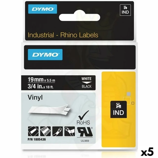Lamineret tape til Rhino Dymo Label Printer ID1-19 19 x 5,5 mm Sort Polyester Hvid Selvklæbende (5 Stk)