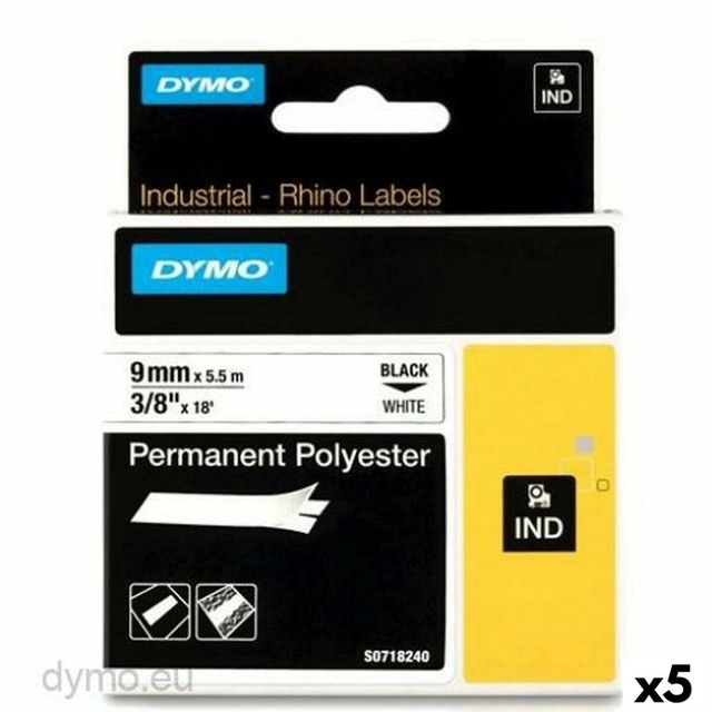 Laminiertes Farbband für Rhino Dymo Etikettendrucker ID1-9 9 x 5,5 mm, Schwarz, Polyester, Weiß (5 (Stk.)