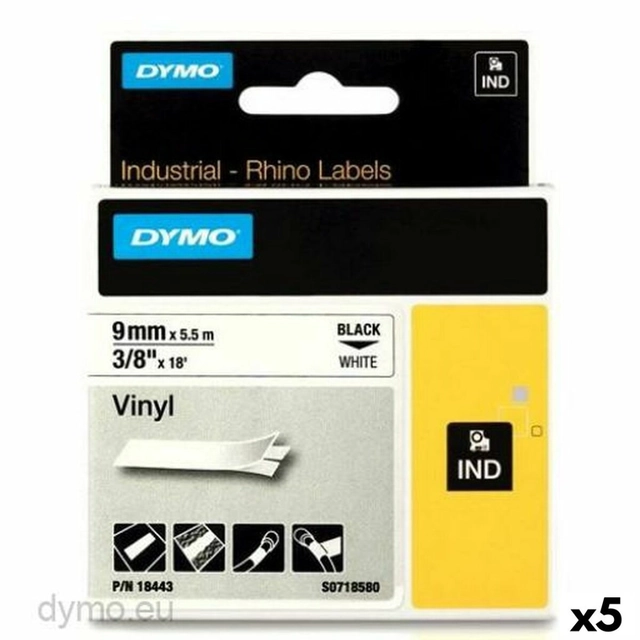 Laminiertes Klebeband für Rhino Dymo Etikettendrucker ID1-9 Weiß Schwarz 9 x 5,5 mm Etiketten (5 Stück)