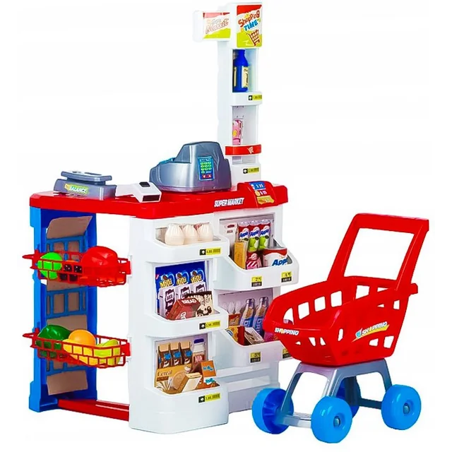 Large supermarket supermarket stall for children with cash register, scales and scanner