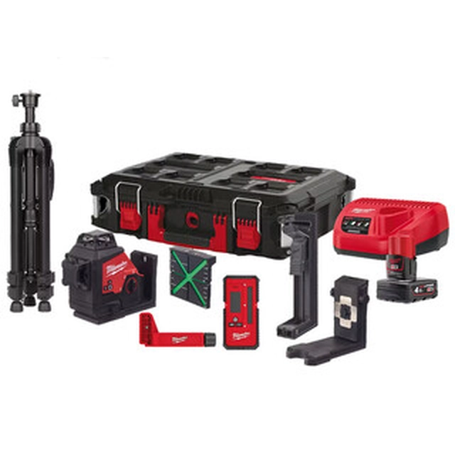 Laser à ligne verte Milwaukee M123PLKIT-401P Faisceau efficace avec intercepteur de signal : 0 - 100 m | 1 x 4 Ah batterie + chargeur | Dans une mallette d'emballage