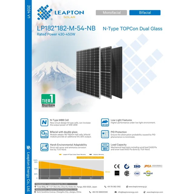 Leapton 182-M-54-NB 440W BF, Dual Glass, Bifacial