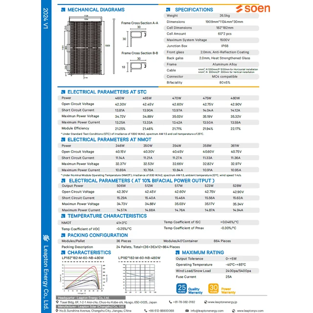 LEAPTON 480W LP182*182*-M-60-NB N-típusú bifacial fekete keret