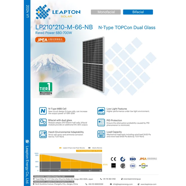 Leapton 690 W LP210-M-66-NB N-tüüpi, TOPCON, topeltklaas, bifacial
