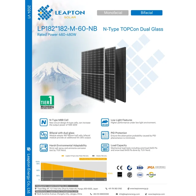 Leapton LP182-M-60-NB 480W fekete N-TYPE Topcon kettős üveg bifacial keret