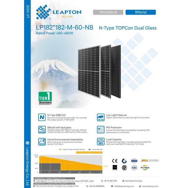 Leapton LP182-M-60-NB 480W Μαύρο N-TYPE Topcon Dual Glass Bifacial Frame