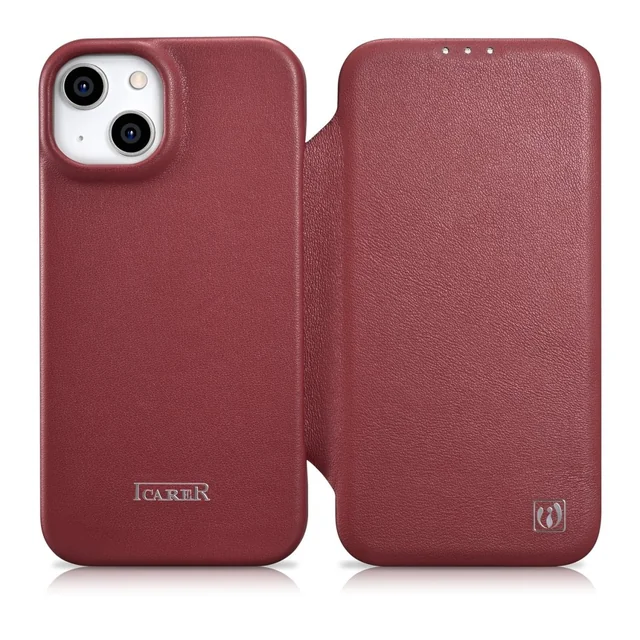 Leather case for iPhone 14 Plus with magnetic flap MagSafe CE Premium Leather burgundy