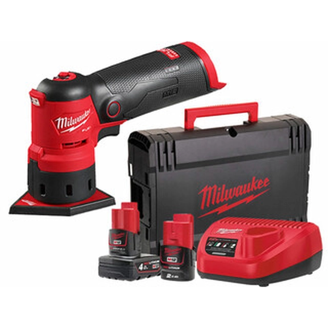 Levigatrice vibrante a batteria Milwaukee M12FDSS-422X 12 V | 63,5 x 88,8 mm | Senza spazzole in carbonio | Batteria 2 Ah + batteria 4 Ah + caricabatteria | In custodia resistente