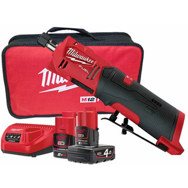 Lijadora recta inalámbrica Milwaukee M12FDGS-422B 12 V | Carbón sin escobillas | Batería 2 Ah + 4 Ah + cargador | En una caja de cartón