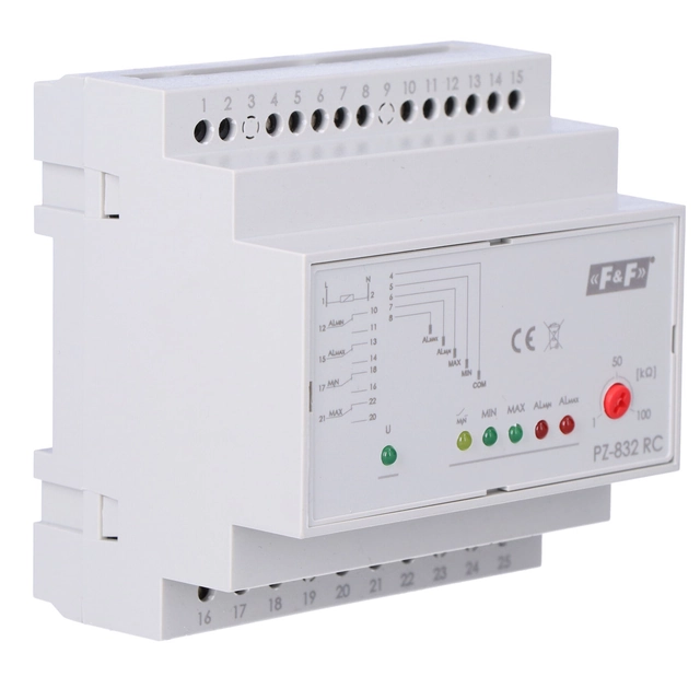 Liquid level control relay without a probe, on/off with an overflow and empty tank alarm PZ-832 RC B