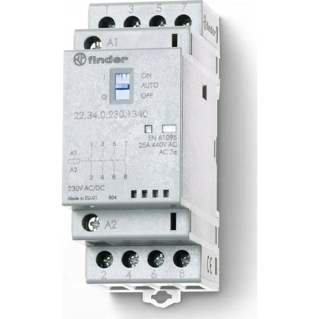 Localizador Contator modular 2Z 2R 25A 230V AC/DC, função Auto-On-Off, indicador de operação + LED, 35mm 22.34.0.230.4640