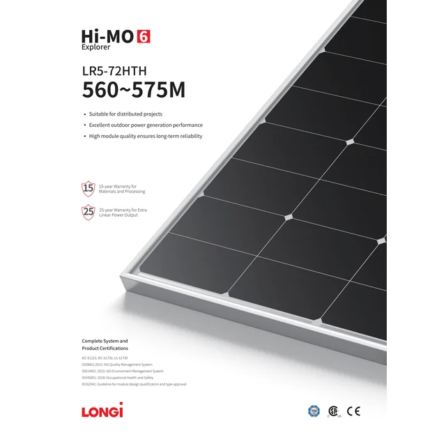 LONGI Photovoltaik-Panel-Modul LR5-72HTH-575M BF 575W 575Wp Silberrahmen Mono Halfcut 575 W Wp