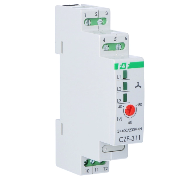 Loss and phase sensor CZF-311 contacts:1P, I=10A, adjustable threshold:165-180V, 1 module