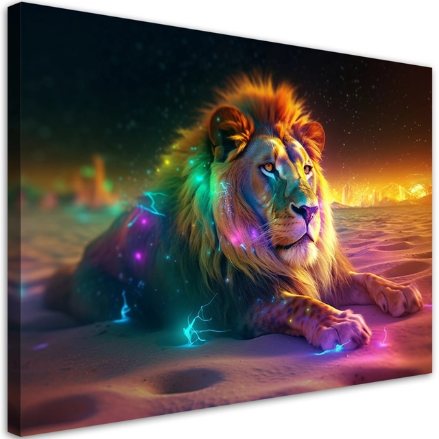 Lærredstryk, Animal AI Lion Abstract Neon -100x70