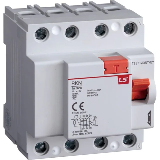 LSiS Автоматичний вимикач захисного відключення 4P 63A 0,03A змінного струму типу RKN 4P 63A 30mA 06240022R0
