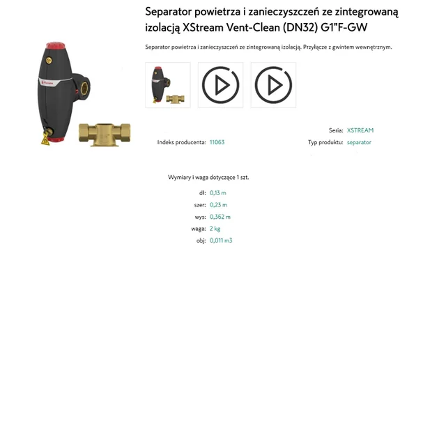 Luft- og smudsudskiller med integreret isolering Xstream VENT-CLEAN (DN32) G1''F-GW