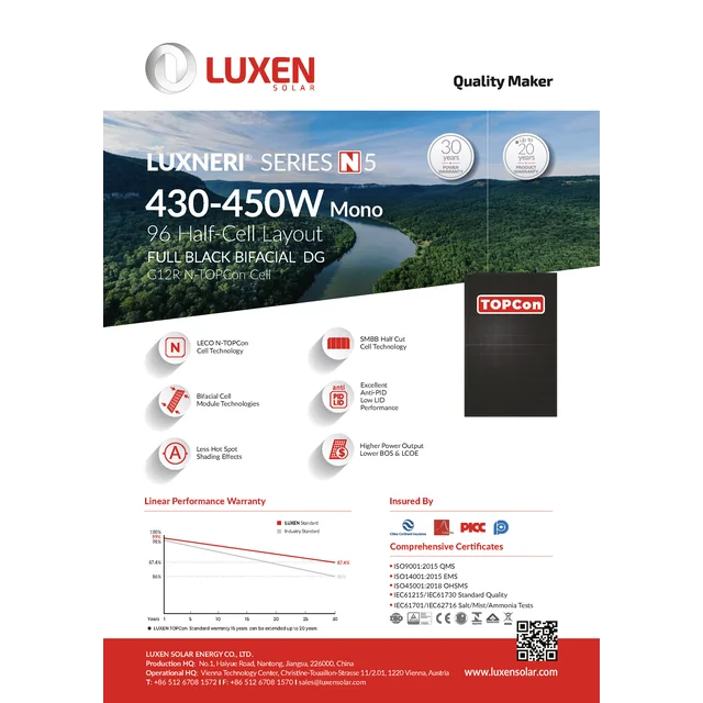 LUXEN SOLAR 450 WP/ N-Type / TopCon / DOBBELT GLAS / HELT SVART +1,2 M KABEL