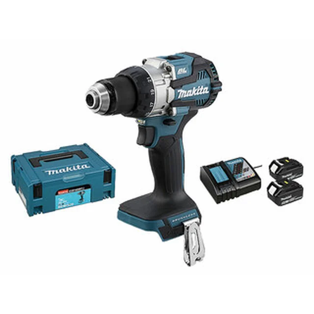 Makita DDF489RTJ accuschroefboormachine met boorhouder 18 V | 40 Nm/73 Nm | Koolborstelloos | 2 x 5 Ah accu + lader | in MakPac