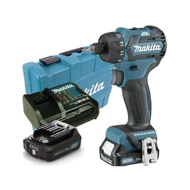 Makita DF032DSAE akku boremaskine med bitholder 10,8 V/12 V|21 Nm/35 Nm | Kul uden børste |2 x 2 Ah batteri + oplader | I en kuffert