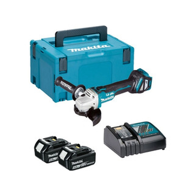 Makita DGA513RTJ akkus sarokcsiszoló 18 V | 125 mm | 3000 - 8500 RPM | Szénkefementes | 2 x 5 Ah akku + töltő | MakPac-ban