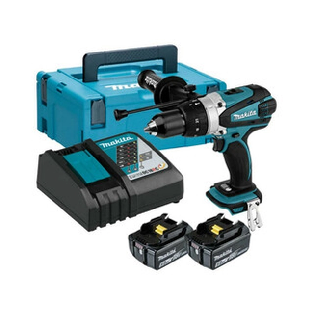 Makita DHP458RTJ Akku-Schlagbohrschrauber 18 V | 58 Nm/91 Nm | 1,5 - 13 mm | Kohlebürste | 2 x 5 Ah Akku + Ladegerät | im MakPac