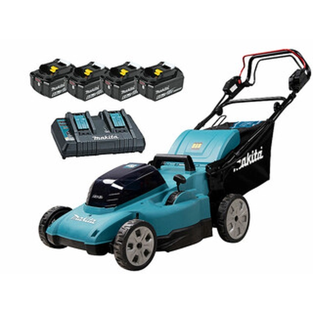 Makita DLM481PG4 akumulatora pašgājējs zāles pļāvējs 2 x 18 V | 480 mm | 2,5 - 5 km/h | 800 m² | Oglekļa suku | 4 x 6 Ah akumulators + lādētājs