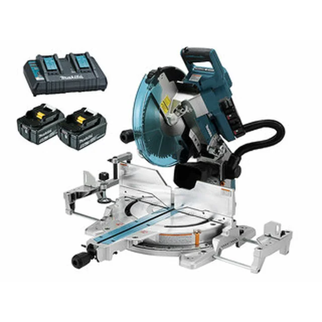 Makita DLS211PT2U akkus gérvágó 2 x 18 V | Fűrészlap 305 mm x 30 mm | Vágás max. 107 x 382 mm | Szénkefementes | 2 x 5 Ah akku + töltő