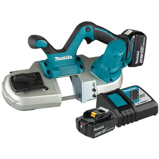 Makita DPB182RTE акумуляторна ручна стрічкова пила 18 V | Стрічка пилки 835 мм x 13 мм x 0,5 мм | Вугільна щітка | 2 x 5 Ач акумулятор + зарядний пристрій | В картонній коробці