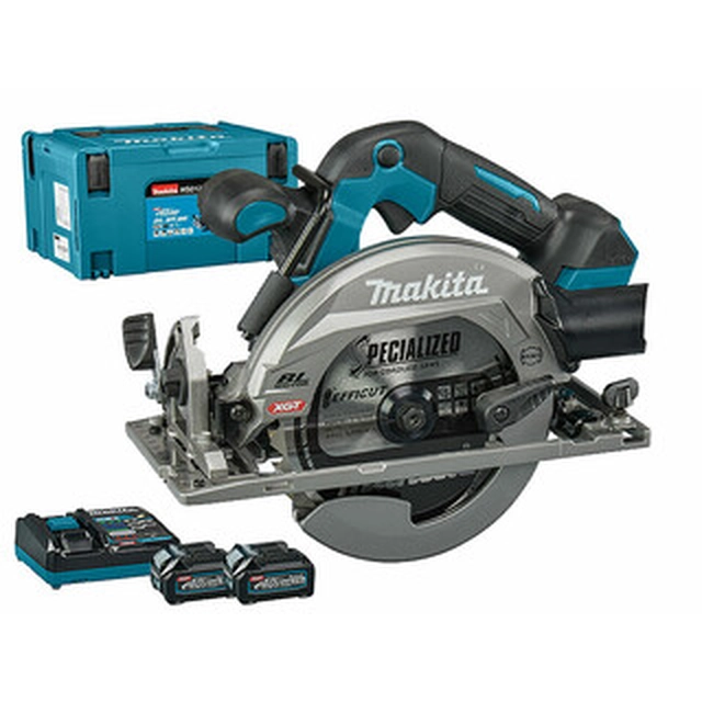 Makita HS012GD201 akkupyörösaha 40 V | Pyörösahan terä 165 mm x 20 mm | Leikkaus max. 57 mm | Hiiliharjaton | 2 x 2,5 Ah akku + laturi | MakPacissa