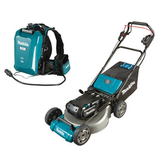 Makita LM001CZ+PDC1200A01 battery self-propelled lawn mower 36 V | 530 mm | 2,5 - 5 km/h | 2300 m² | Carbon Brushless | With battery and charger