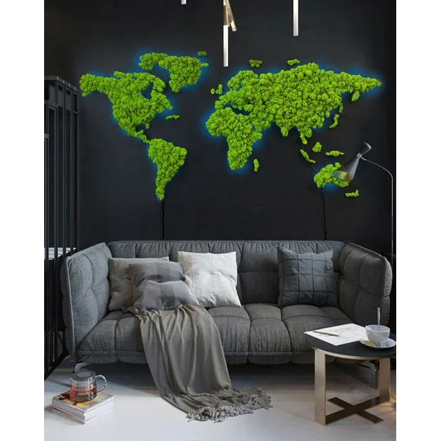 Mappa del mondo illuminata in Moss Chrobotka Sikorka® 250x125cm