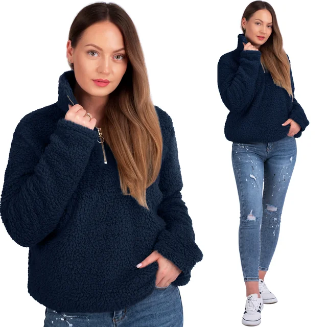 Marineblå XL Sherpa-sweatshirt til kvinder med krave