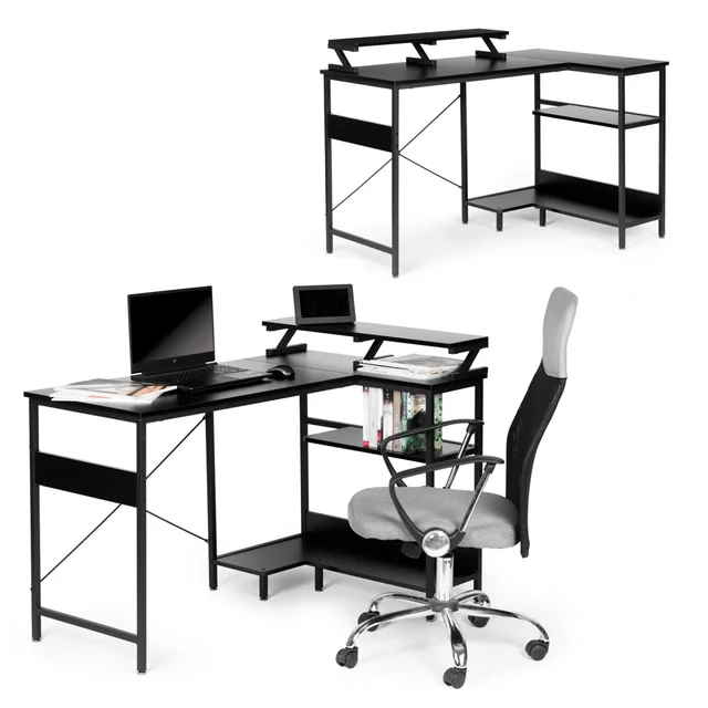 Masă de birou de colț pentru computer 3 rafturi negre