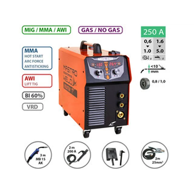 Mastroweld MIG-250 F elettrodo consumabile saldatrice inverter a gas schermato 50 - 250 A | 230 V