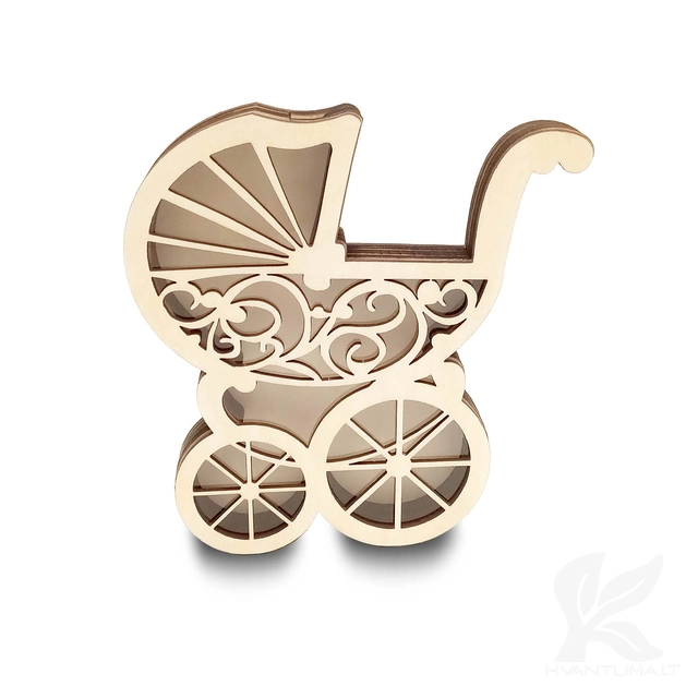 Medinė taupyklė vežimėlis – dovana kūdikiui